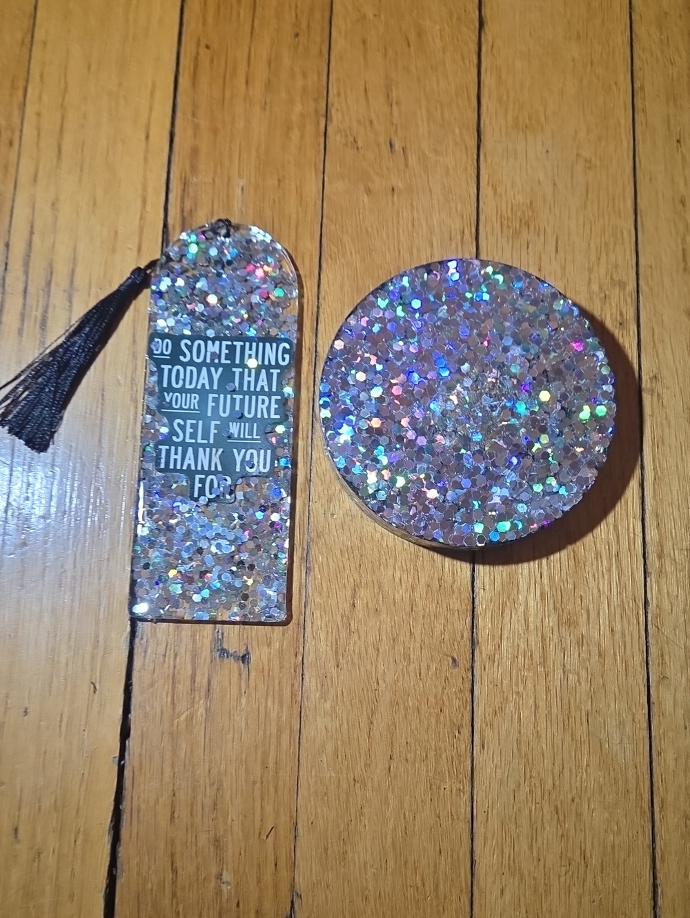 ✨️Handmade-Glitter Resin Bookmark and Coaster Set - Silver Sparkle
